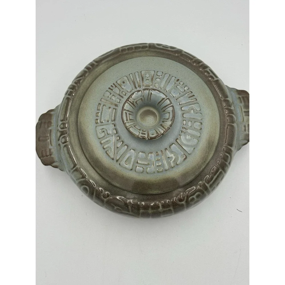 Frankoma Ceramic Pottery Casserole w/ Lid Handles Geometric Round 10